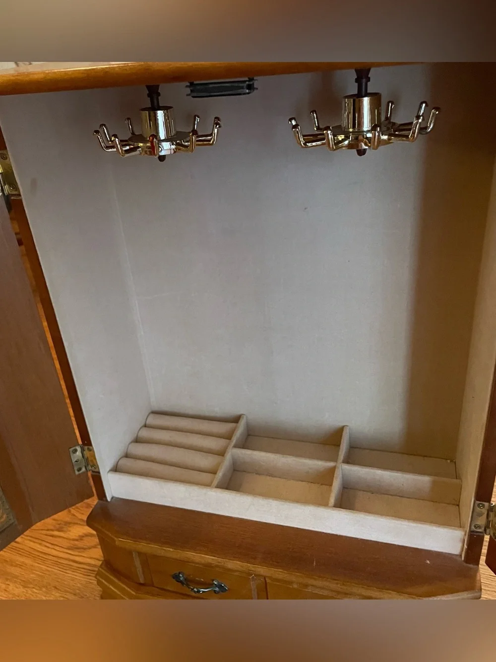 Vintage Large Wood Armoire Style Jewelry Box Gold Etched Glass Doors 17”
